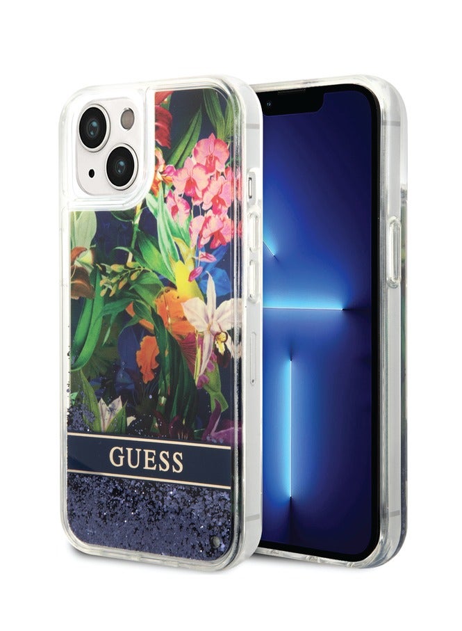 GUESS iPhone 14 Plus Case Liquid Glitter Back Cover with Flower Pattern Extra Shine Smooth Touch Feel - Blue - Image 1