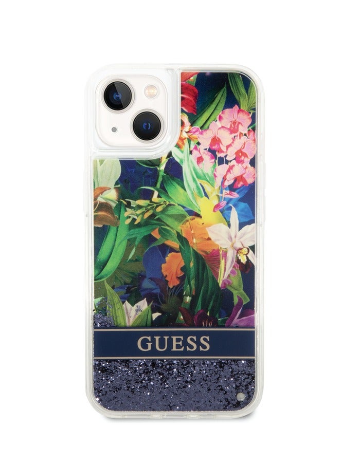 GUESS iPhone 14 Plus Case Liquid Glitter Back Cover with Flower Pattern Extra Shine Smooth Touch Feel - Blue - Image 3