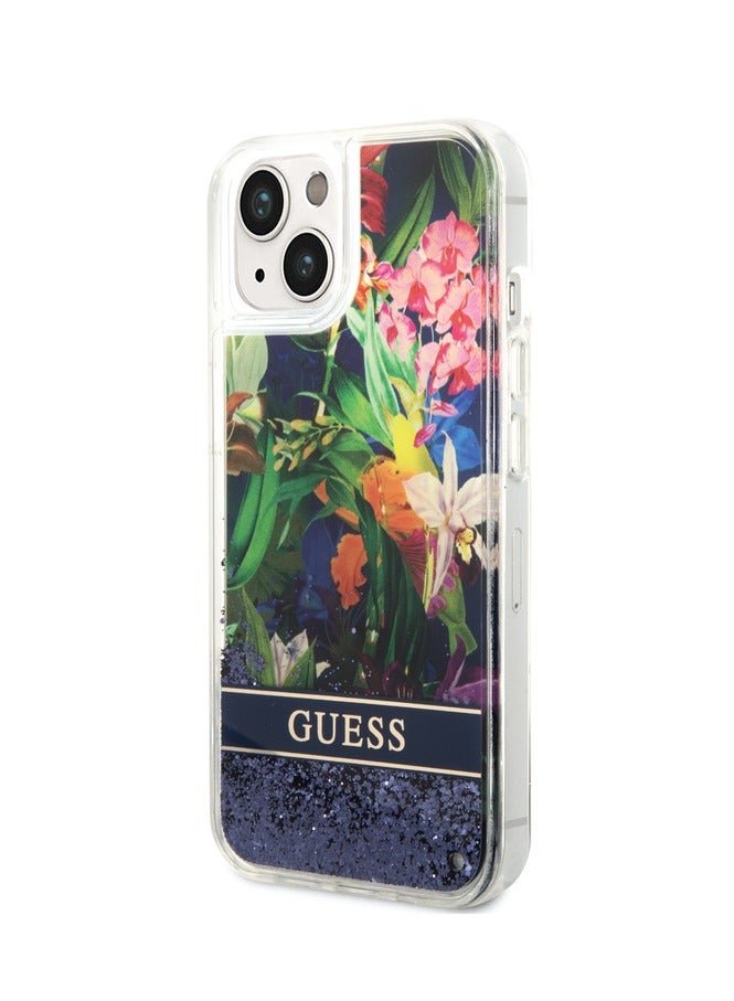 GUESS iPhone 14 Plus Case Liquid Glitter Back Cover with Flower Pattern Extra Shine Smooth Touch Feel - Blue - Image 2