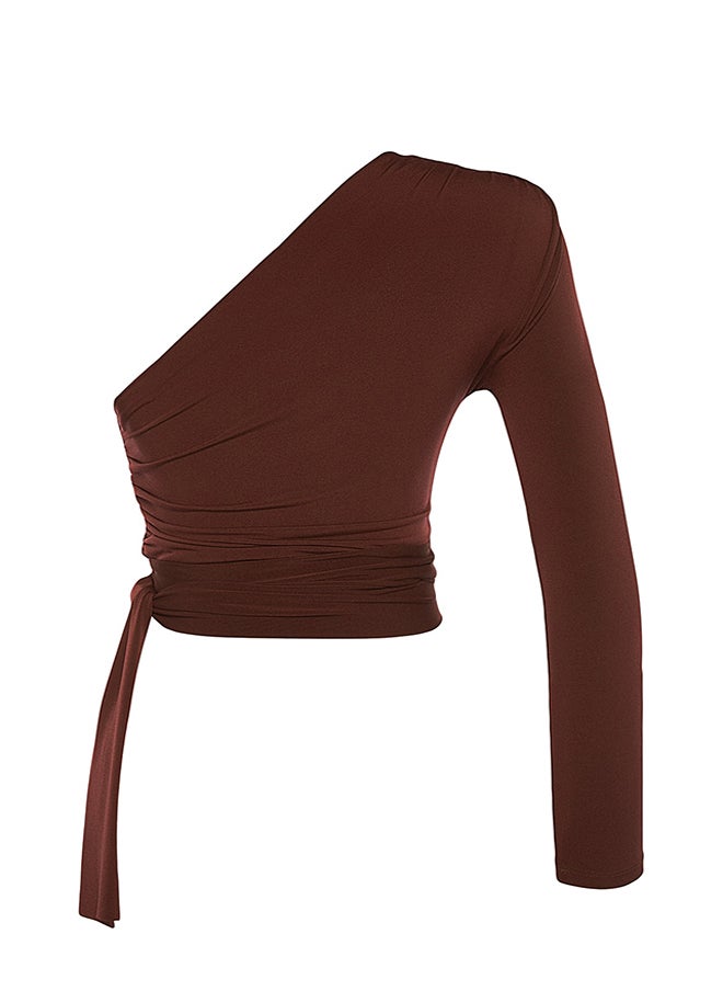 trendyol - Brown Slim Single Sleeve Tie Detail Elastic Knitted Blouse TWOAW23BZ00094 - Image 1