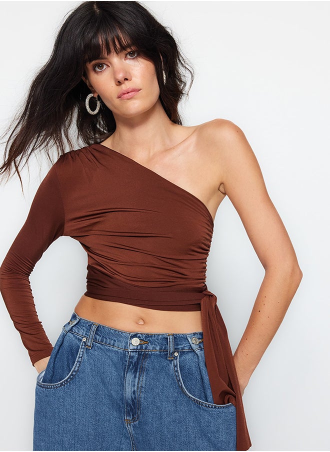 trendyol - Brown Slim Single Sleeve Tie Detail Elastic Knitted Blouse TWOAW23BZ00094 - Image 1