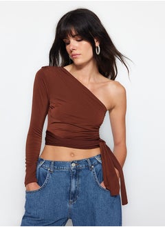 Brown Slim Single Sleeve Tie Detail Elastic Knitted Blouse TWOAW23BZ00094