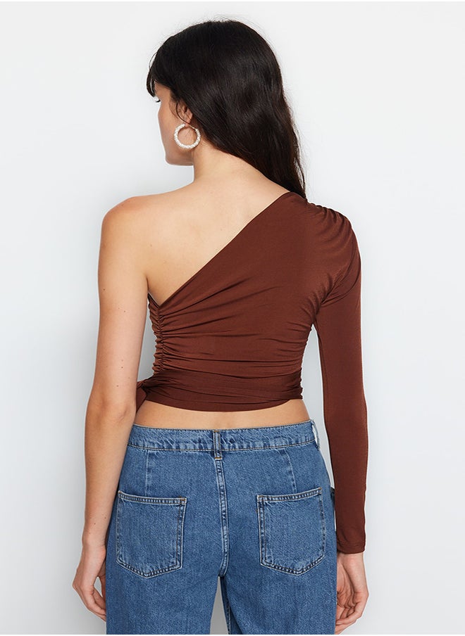 trendyol - Brown Slim Single Sleeve Tie Detail Elastic Knitted Blouse TWOAW23BZ00094 - Image 1