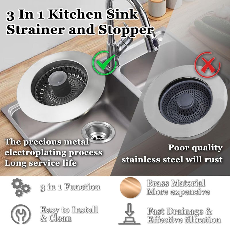 BAOLSLS 3 in 1 Kitchen Sink Stopper, Pop Up Kitchen Sink Drain Strainer, with an Extra Basket Strainer, Kitchen Sink Drain Stopper for US Standard 3-1/2 Inch, Brass Material Electroplate Silver - Image 4