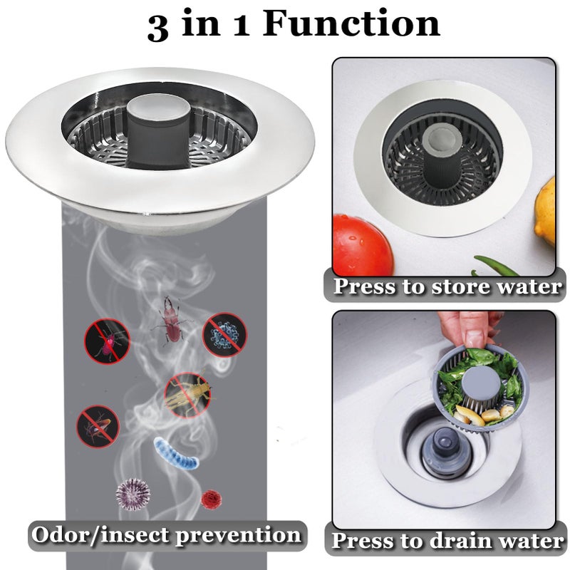 BAOLSLS 3 in 1 Kitchen Sink Stopper, Pop Up Kitchen Sink Drain Strainer, with an Extra Basket Strainer, Kitchen Sink Drain Stopper for US Standard 3-1/2 Inch, Brass Material Electroplate Silver - Image 2
