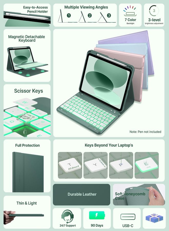 typecase حافظة لوحة مفاتيح Typecase Folio لجهاز iPad الجيل العاشر 10.9 بوصة (2022) وiPad الجيل الحادي عشر (A16، 2025)، لوحة مفاتيح لاسلكية مغناطيسية قابلة للفصل، إضاءة خلفية بسبعة ألوان، تصميم نحيف وخفيف، حامل قلم - أخضر داكن - Image 3