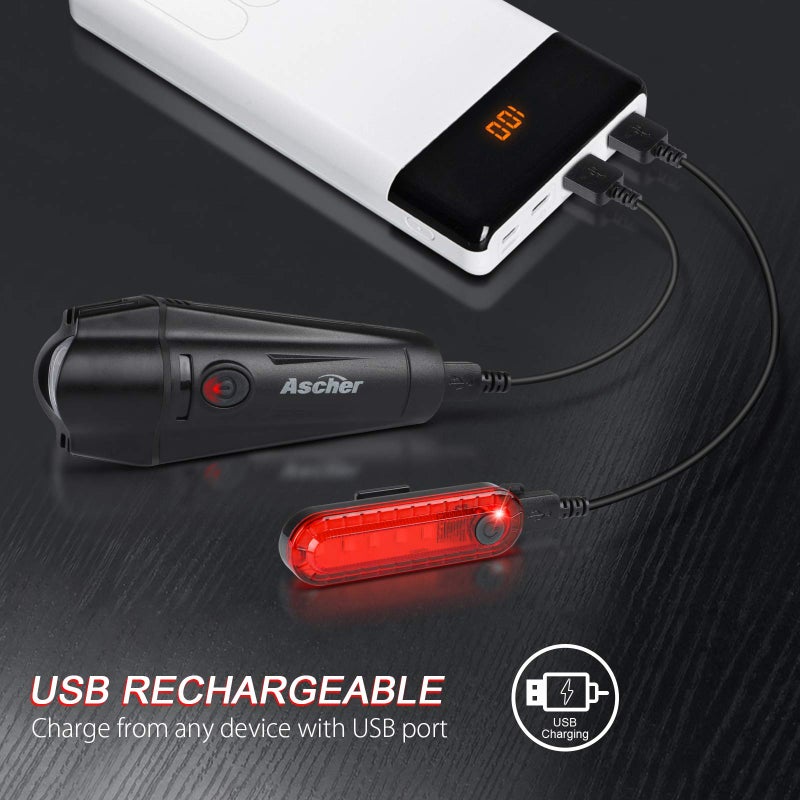 Ascher Ultra Bright USB Rechargeable Bike Light Set, Powerful Bicycle Front Headlight and Back Taillight, 4 Light Modes, Easy to Install for Men Women Kids Road Mountain Cycling Black - Image 2
