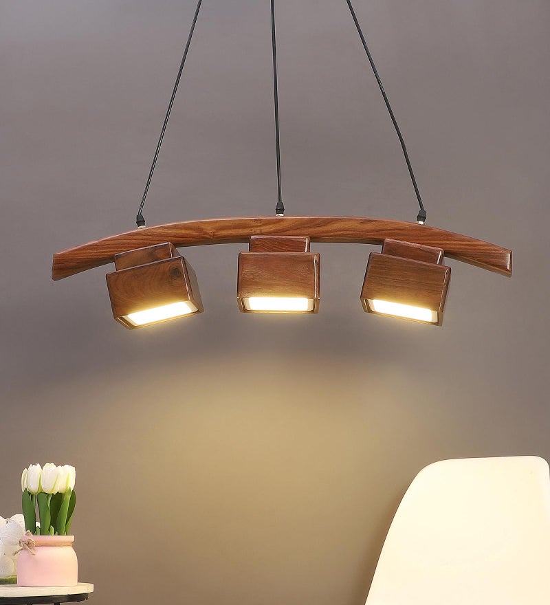 Green House Fully Handmade Sheesham Wood Hanging Pendant Ceiling Light | Jhumar Chandelier Home Decor Fancy Lighting | 3 LEDs of 8W Each | Luxurious | Living Room, Bedroom, Dining, Kitchen - Image 1