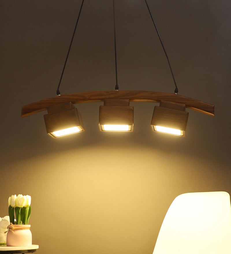 Green House Fully Handmade Sheesham Wood Hanging Pendant Ceiling Light | Jhumar Chandelier Home Decor Fancy Lighting | 3 LEDs of 8W Each | Luxurious | Living Room, Bedroom, Dining, Kitchen - Image 3