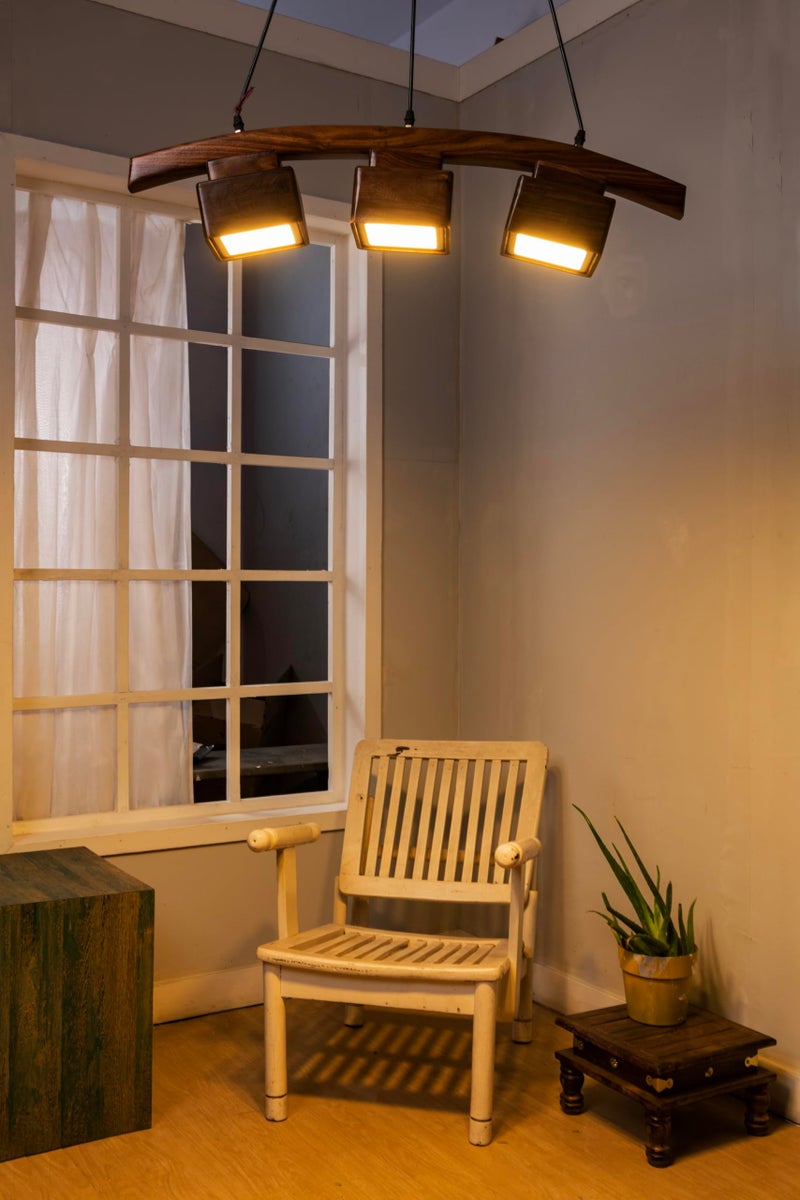 Green House Fully Handmade Sheesham Wood Hanging Pendant Ceiling Light | Jhumar Chandelier Home Decor Fancy Lighting | 3 LEDs of 8W Each | Luxurious | Living Room, Bedroom, Dining, Kitchen - Image 2