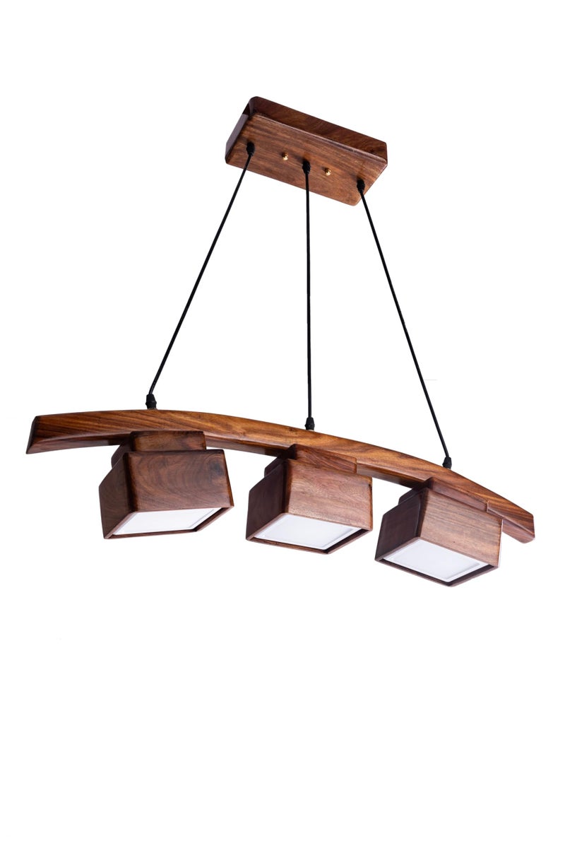 Green House Fully Handmade Sheesham Wood Hanging Pendant Ceiling Light | Jhumar Chandelier Home Decor Fancy Lighting | 3 LEDs of 8W Each | Luxurious | Living Room, Bedroom, Dining, Kitchen - Image 4
