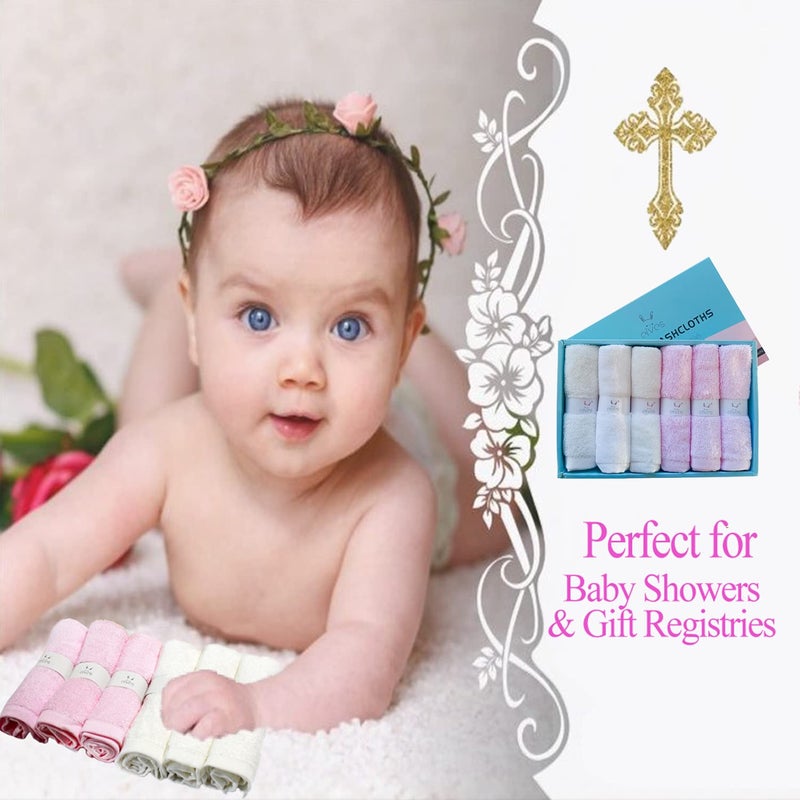 elves Bamboo Viscose Washcloth Baby Set of 6 - Ultra Soft Wash Cloths for Face and Body - Small Face Towel for Baby Girl (White&Pink) - Image 2