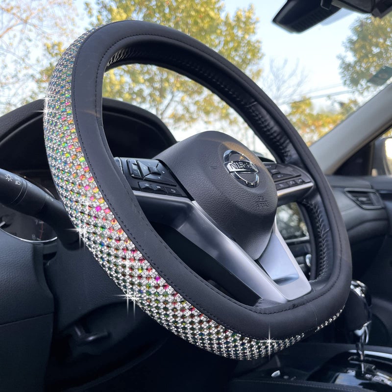 PINCTROT D Shaped Bling Comfy Steering Wheel Cover with Jumbo Crystal Rhinestones AntiSlip Diamond Leather Flat Bottom 14515 Inch Colorful