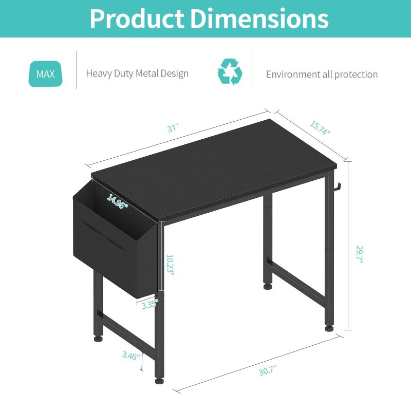 Lufeiya Small Desk for Small Spaces, 32 Inch Kids Girls Study Writing Desks for Bedroom, Simple Modern Laptop PC Little Side Table with Storage Bag Headphone Hooks, Black - Image 3