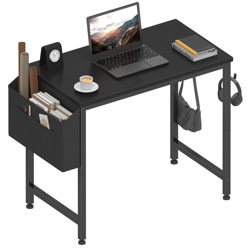 Lufeiya Small Desk for Small Spaces, 32 Inch Kids Girls Study Writing Desks for Bedroom, Simple Modern Laptop PC Little Side Table with Storage Bag Headphone Hooks, Black - Image 1