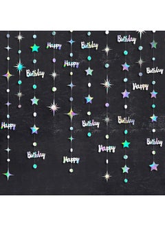 Iridescent Happy Birthday Decorations Happy Birthday Circle Dot Twinkle Star Garland Kit Metallic Holographic Hanging Streamer Bunting Banner Backdrop For Women Mens Kids Birthday Party Supplies