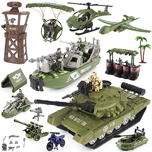 deAO Military Vehicles Toy Set Combat Boat Helicopter Tank Toy with 5 Army Men Figures Accessories  Great Army Toys for 35 Boys Kids - Image 1