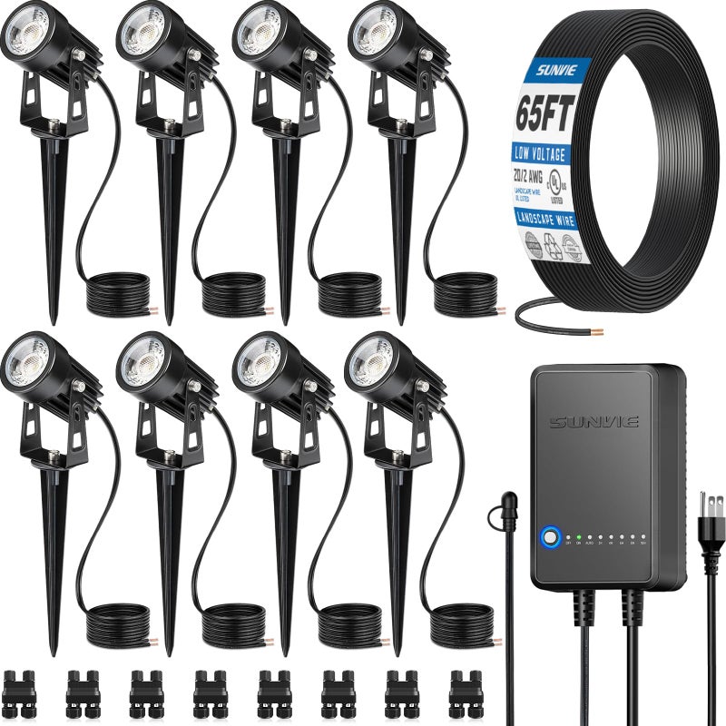 SUNVIE All-In-One LED Landscape Lighting Kit, 8-Pack Low Voltage Landscape Lights with Transformer and 65FT UL-Listed Wire, 3000K Waterproof Outdoor Uplights with Connectors for Yard House Garden Tree - Image 1
