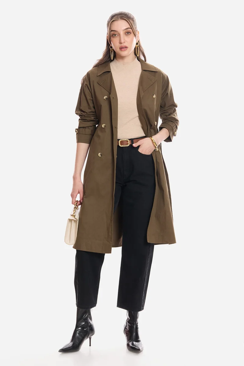 Virgio Solid Cotton Belted Long Trench Coat for Women