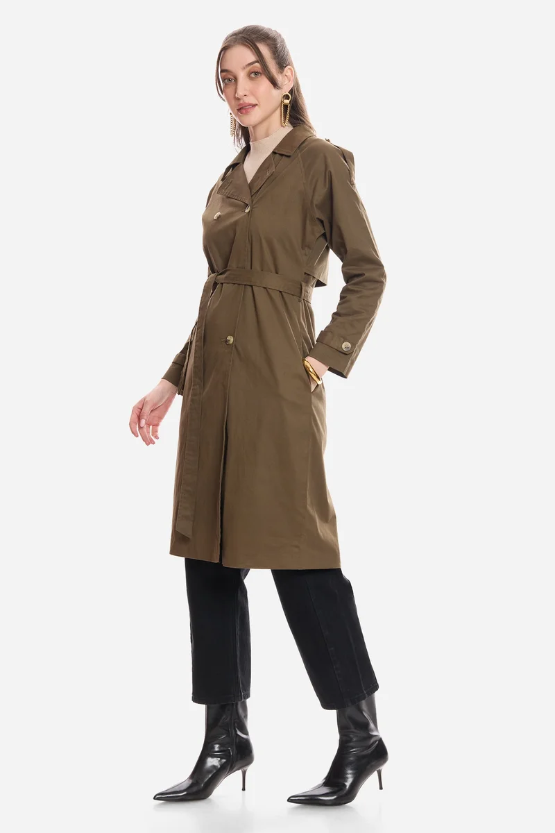 Virgio Olive Solid Cotton Belted Long Trench Coat for Women for Women | Best Price UAE