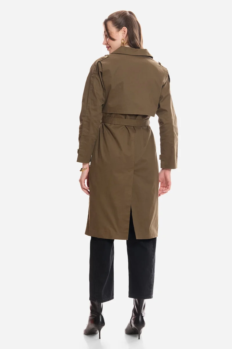 Virgio Olive Solid Cotton Belted Long Trench Coat for Women for Women | Best Price UAE