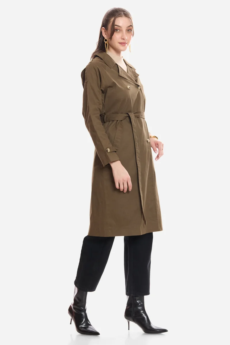 Virgio Olive Solid Cotton Belted Long Trench Coat for Women for Women | Best Price UAE