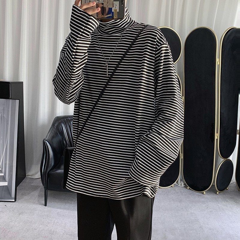 Long-sleeved T-shirt Men's Striped ins Korean-style Trendy Mock Collar T-shirt Autumn and Winter Inner Base Shirt Loose Top for Couple - Image 4
