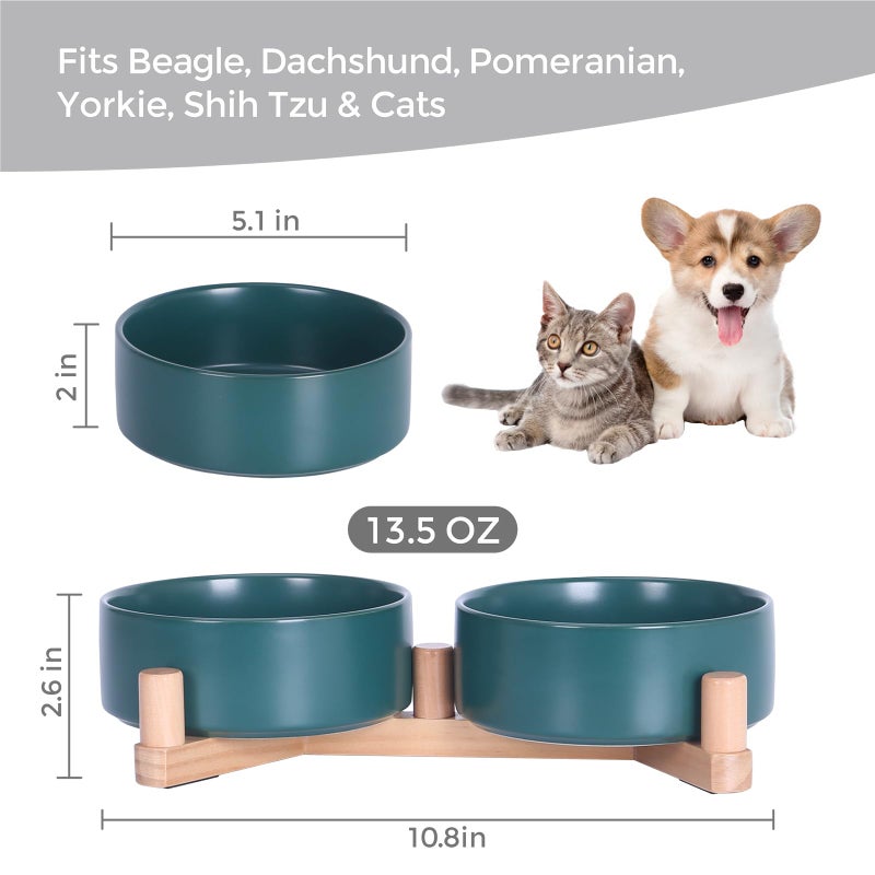 INNVVIS Ceramic Dog Bowl and Cat Bowls Set with 15Â° Adjustable Wood Stand, Non-Slip Weighted Pet Food and Water Bowls, Dual Raised Feeder for Small Dogs Cats, Matte Glaze Pet Dish 13.5oz Set of 2 (Green) - Image 4