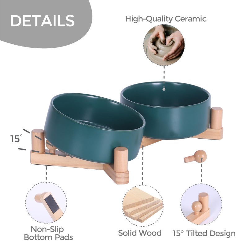 INNVVIS Ceramic Dog Bowl and Cat Bowls Set with 15Â° Adjustable Wood Stand, Non-Slip Weighted Pet Food and Water Bowls, Dual Raised Feeder for Small Dogs Cats, Matte Glaze Pet Dish 13.5oz Set of 2 (Green) - Image 5