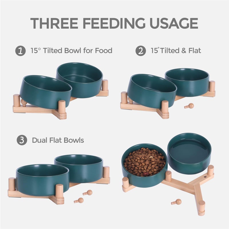 INNVVIS Ceramic Dog Bowl and Cat Bowls Set with 15Â° Adjustable Wood Stand, Non-Slip Weighted Pet Food and Water Bowls, Dual Raised Feeder for Small Dogs Cats, Matte Glaze Pet Dish 13.5oz Set of 2 (Green) - Image 2