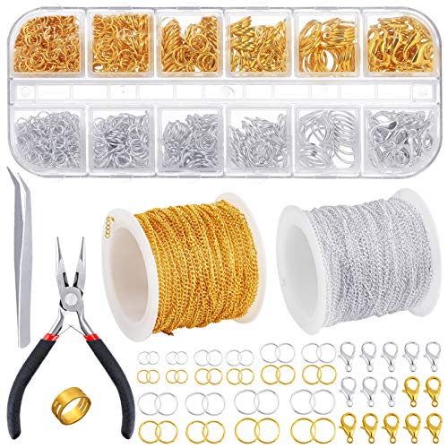 PP OPOUNT 65 Feet Jewelry Chains Necklace Chains 2 mm Jewelry Making Chains with 960 Pieces Jump Rings 40 Pieces Lobster Clasps Jewelry Making Tools (Gold, Silver Total in 65 Feet) - Image 1