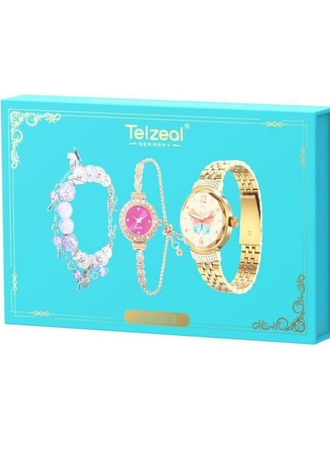 Telzeal LOLA 3 Round Ladies Smart Watch with Analog Watch, Additional Strap Bracelet Combo (Gold) - Image 1