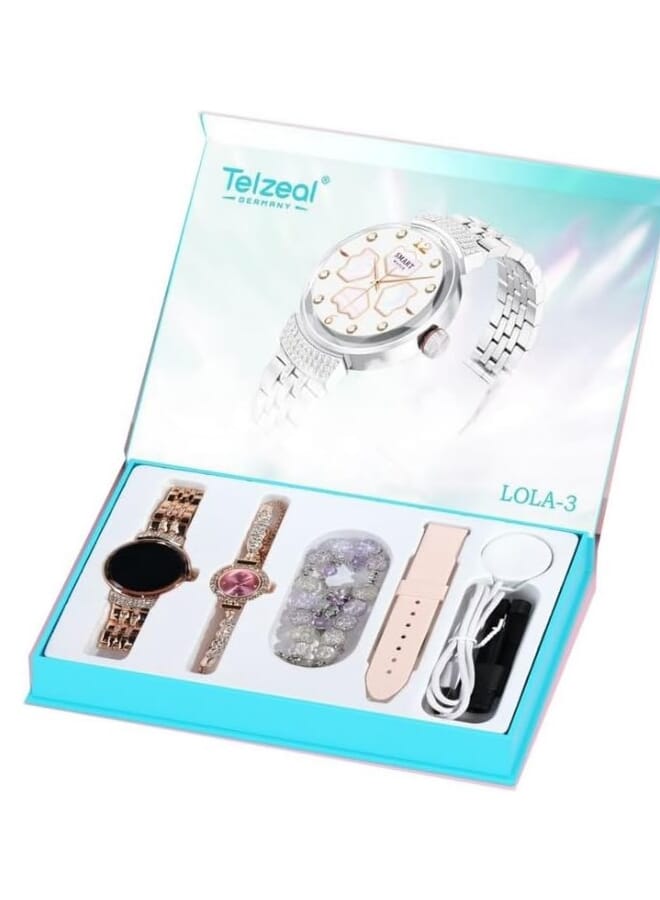 Telzeal LOLA 3 Round Ladies Smart Watch with Analog Watch, Additional Strap Bracelet Combo (Gold) - Image 2