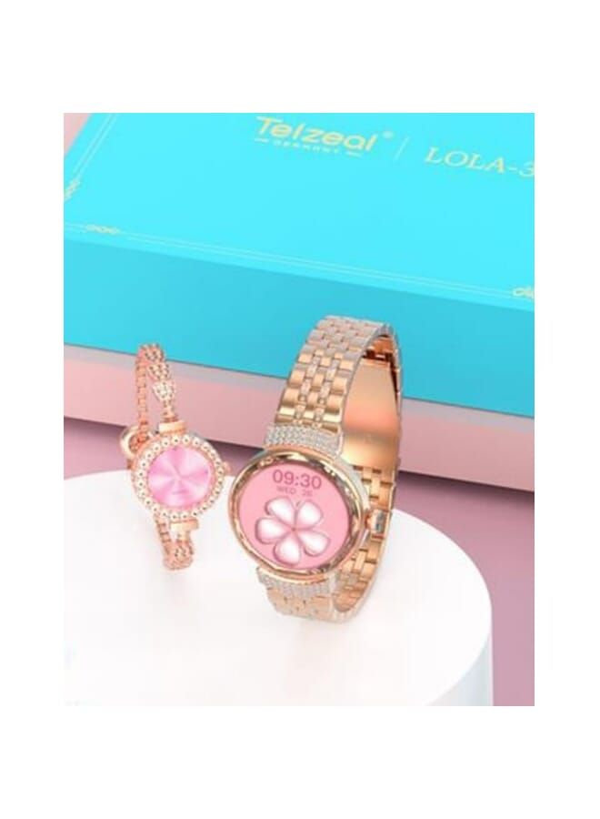 Telzeal LOLA 3 Round Ladies Smart Watch with Analog Watch, Additional Strap Bracelet Combo (Gold) - Image 3
