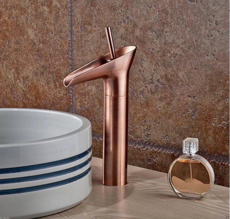 24x7 eMall Rose Gold Brass Basin Mixer Faucet Tap, 12 Inch Height Rosette Waterfall for Bathroom Toilet Wash Basins Hot and Cold Water - Image 1