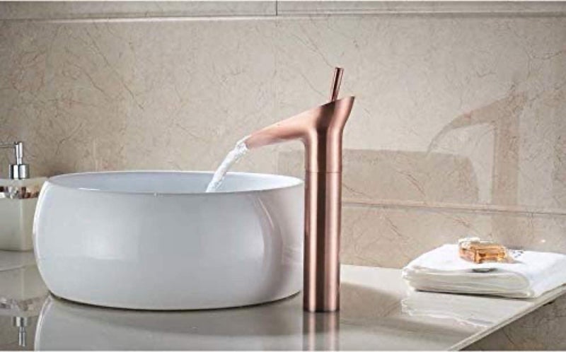 24x7 eMall Rose Gold Brass Basin Mixer Faucet Tap, 12 Inch Height Rosette Waterfall for Bathroom Toilet Wash Basins Hot and Cold Water - Image 3