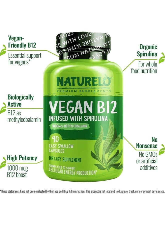 NATURELO Vegan B12 Methyl B12 with Organic Spirulina High Potency Vitamin B12 1000 mcg Methylcobalamin Supports Healthy Mood Energy Heart Eye Health 90 Capsules - Image 4