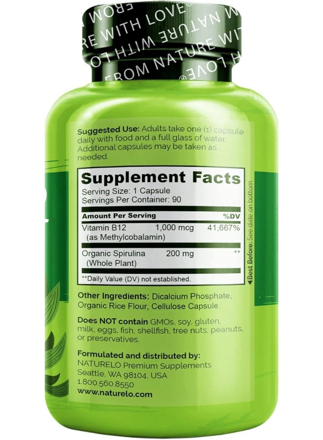 NATURELO Vegan B12 Methyl B12 with Organic Spirulina High Potency Vitamin B12 1000 mcg Methylcobalamin Supports Healthy Mood Energy Heart Eye Health 90 Capsules - Image 3