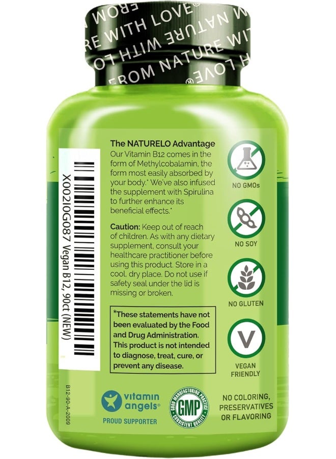 NATURELO Vegan B12 Methyl B12 with Organic Spirulina High Potency Vitamin B12 1000 mcg Methylcobalamin Supports Healthy Mood Energy Heart Eye Health 90 Capsules - Image 2