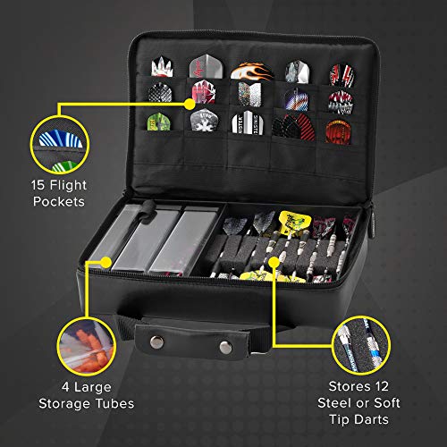 Casemaster The Pro Leatherette Dart Case with LeatherLike Exterior Covering Holds 9 Steel Tip or Soft Tip Darts with 15 Builtin Pockets for Accessories and Plastic Tubes and Containers for Even More - Image 3