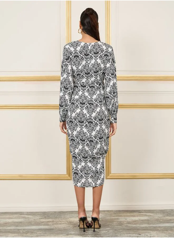 Styli Damask Print A-Line Wrap Midi Dress