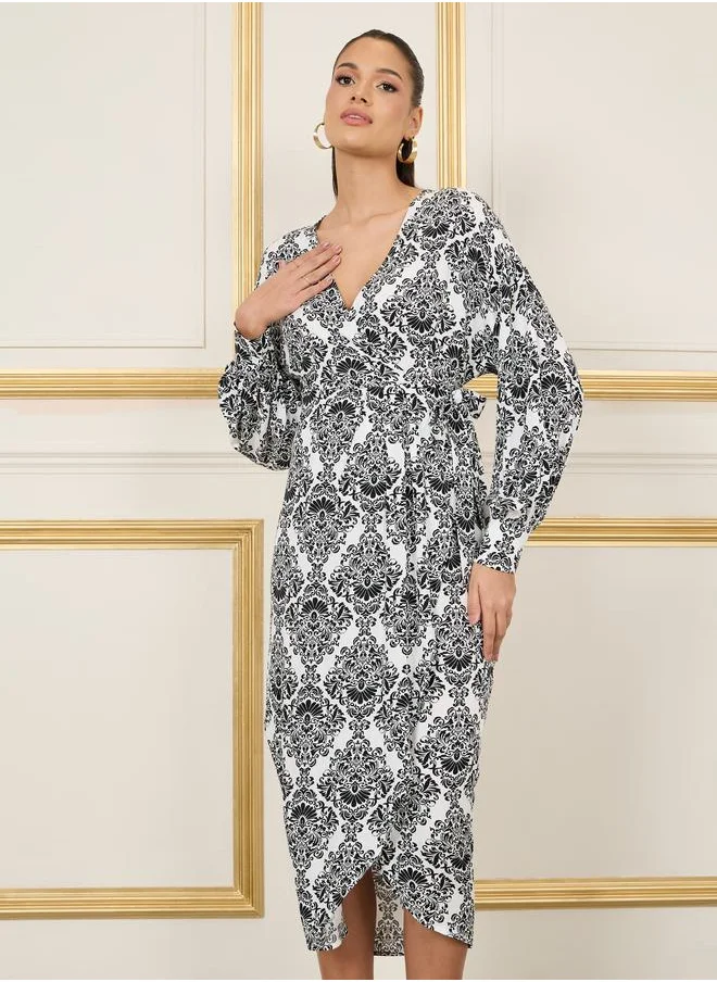 Styli Damask Print A-Line Wrap Midi Dress