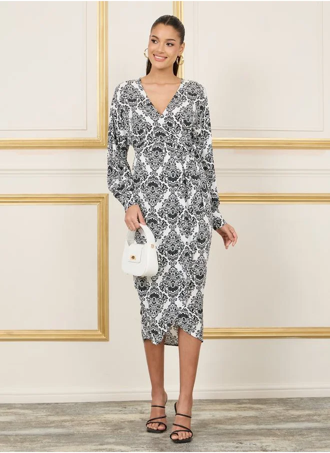 Styli Damask Print A-Line Wrap Midi Dress