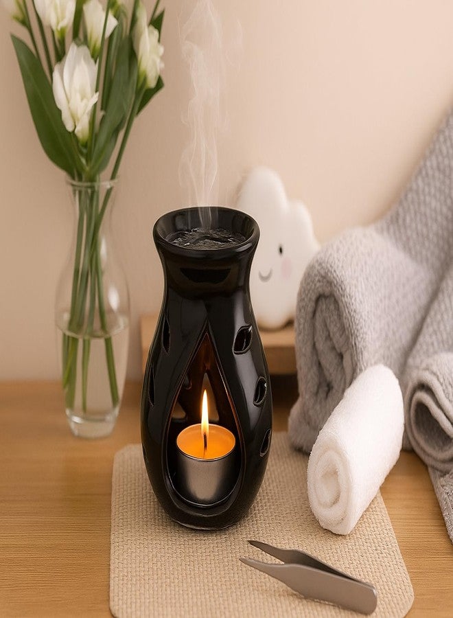 بيور سورس انديا موقد شمع عطري سيراميكي من بيور سورس إنديا | علاج عطري | موزع زيوت سيراميكي | حامل شموع صغيرة (مجموعة من قطعة واحدة) ديكور منزلي لغرفة النوم، هدية مثالية لعيد الميلاد أو الانتقال إلى منزل جديد، أسود - Image 2