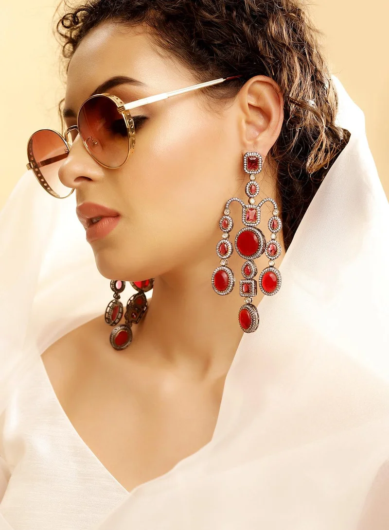 ISHIN Red Colour Warm Metallic Plated Drop Earring