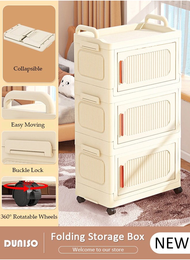 DUNISO 3 Layers Folding Storage Box with Lids, Plastic Stackable Storage Box Storage Bins with Wheels and Doors，37 cm Wide Large Capacity Cabinet for Clothes, Toys, Snacks, Books, Multifunction Container for Home, Office and Outdoor  - Image 1