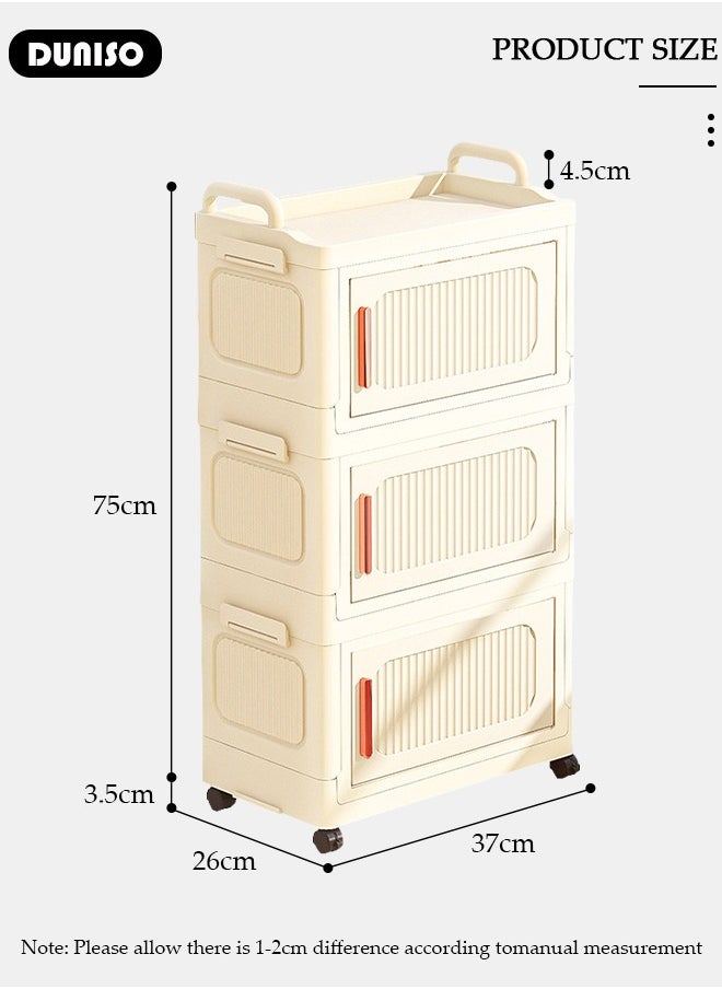 DUNISO 3 Layers Folding Storage Box with Lids, Plastic Stackable Storage Box Storage Bins with Wheels and Doors，37 cm Wide Large Capacity Cabinet for Clothes, Toys, Snacks, Books, Multifunction Container for Home, Office and Outdoor  - Image 4