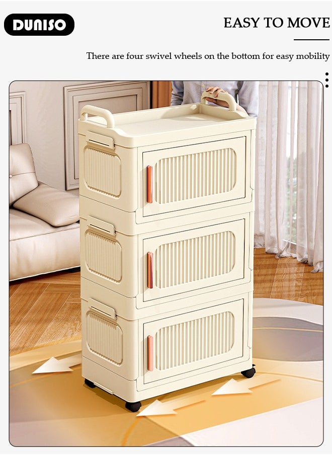 DUNISO 3 Layers Folding Storage Box with Lids, Plastic Stackable Storage Box Storage Bins with Wheels and Doors，37 cm Wide Large Capacity Cabinet for Clothes, Toys, Snacks, Books, Multifunction Container for Home, Office and Outdoor  - Image 5