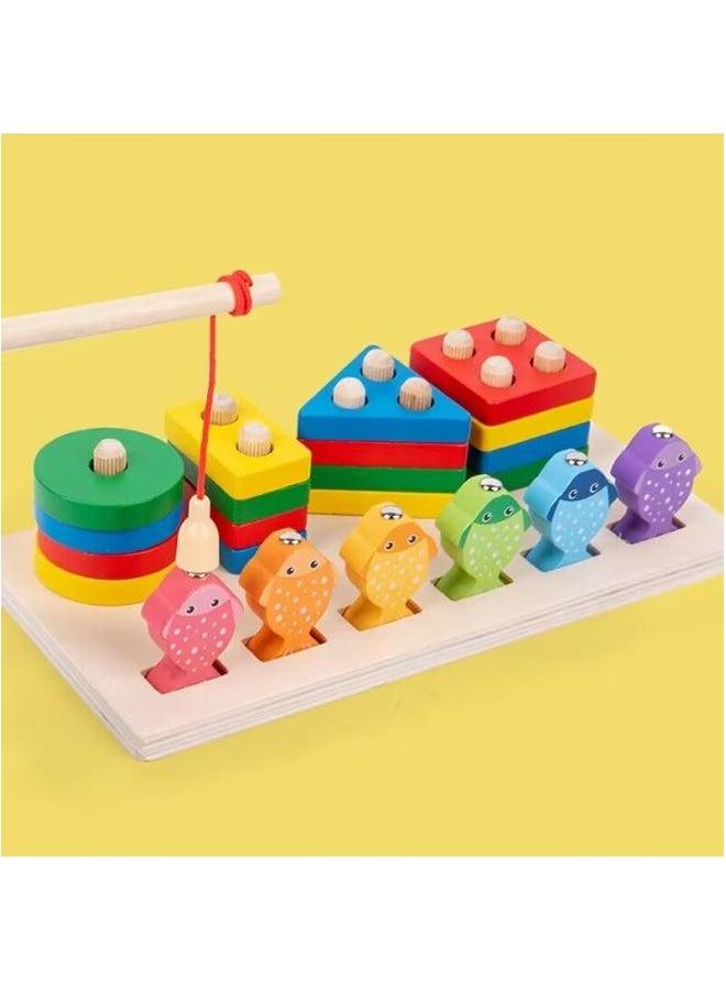 Wooden 2-in-1 3D Fishing Set Children's Cognitive Skills Enhancement Hand-eye Coordination Educational Toys For Kids-Color:Wooden Two-in-one Column-three Columns  - Image 1