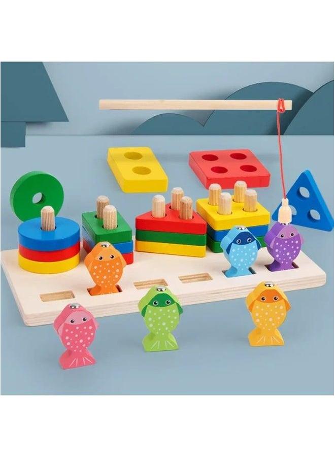 Wooden 2-in-1 3D Fishing Set Children's Cognitive Skills Enhancement Hand-eye Coordination Educational Toys For Kids-Color:Wooden Two-in-one Column-three Columns  - Image 2